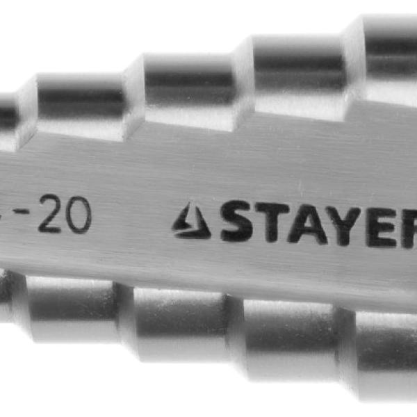 Сверло STAYER "MASTER" ступенчатое по сталям и цвет.мет., сталь HSS, d=4-20мм, 9ступ.d 4-20, L- 75мм,шестигран. хвост.1/4 29660-4-20-9